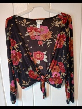 Coldwater Creek Black Floral Tie-Front Long Sleeve Tee with Pink & Red Blooms